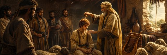 Samuel pouring oil on young David as his older brothers watch